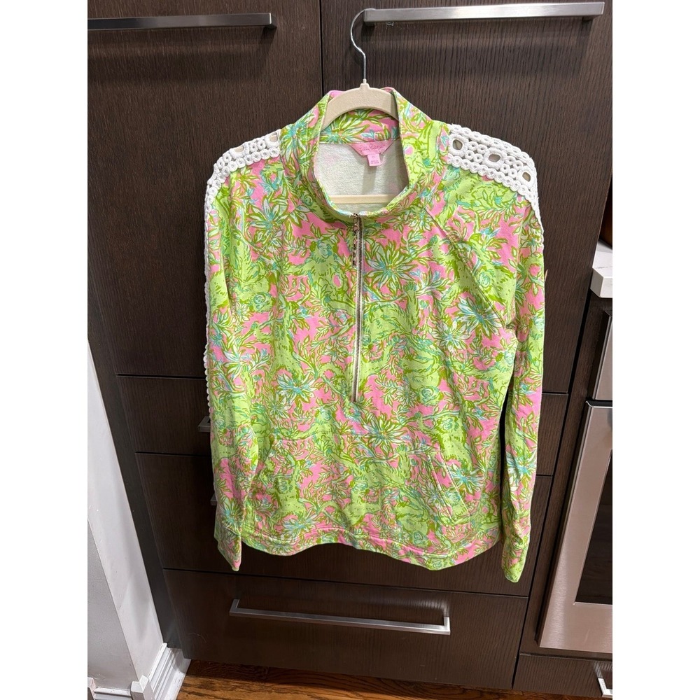 Lilly‎ Pulitzer Skipper Popover Lace Sleeve Pelican Pink Chimply Chic Size XL
